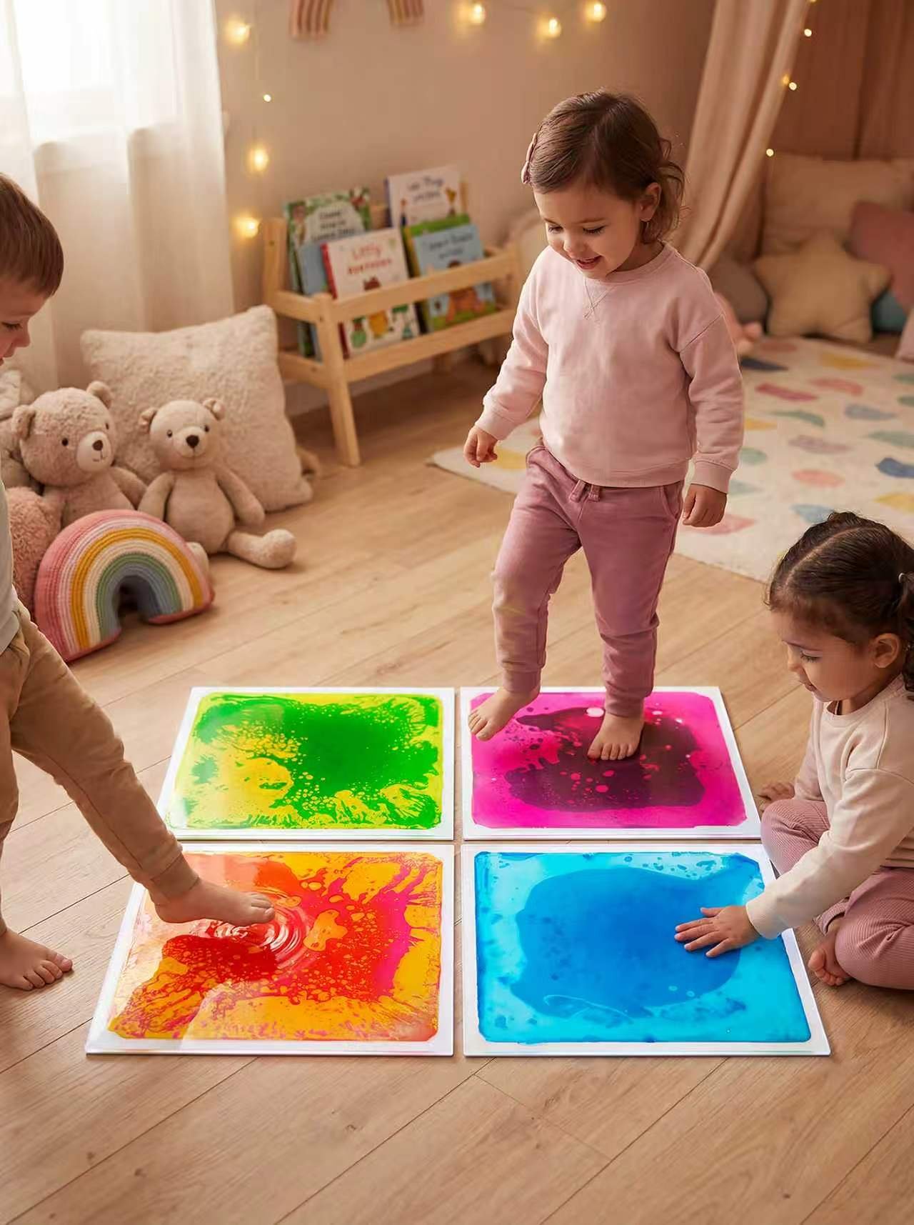 Children playing with sensory floor tiles